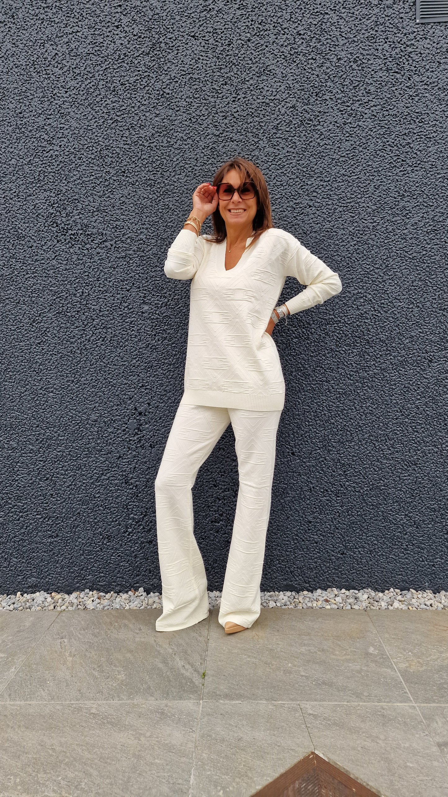 Pantalon maille imprimé relief écru