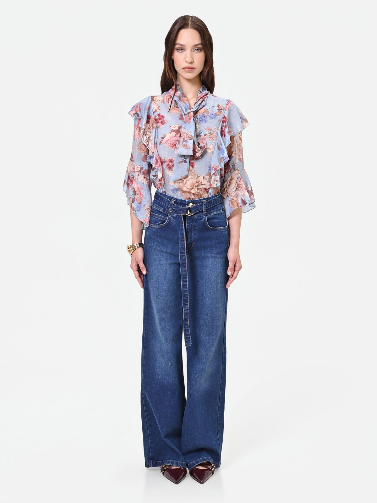 Jean large taille haute bleu avec ceinture