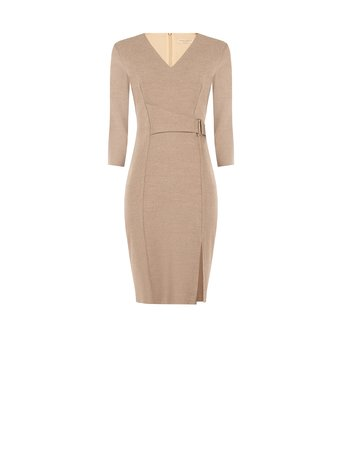 Robe fourreau en viscose mélangée beige taupe à effet croisé