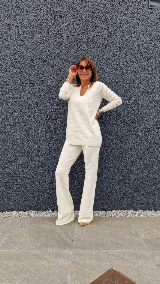 Pantalon maille imprimé relief écru